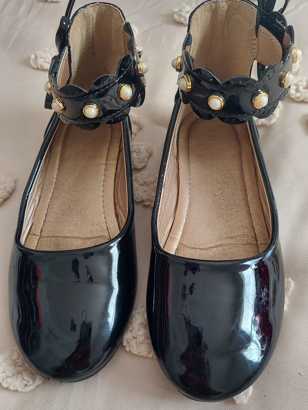 Girls' Black Patent Pearl-Embellished Ankle-Strap Flats